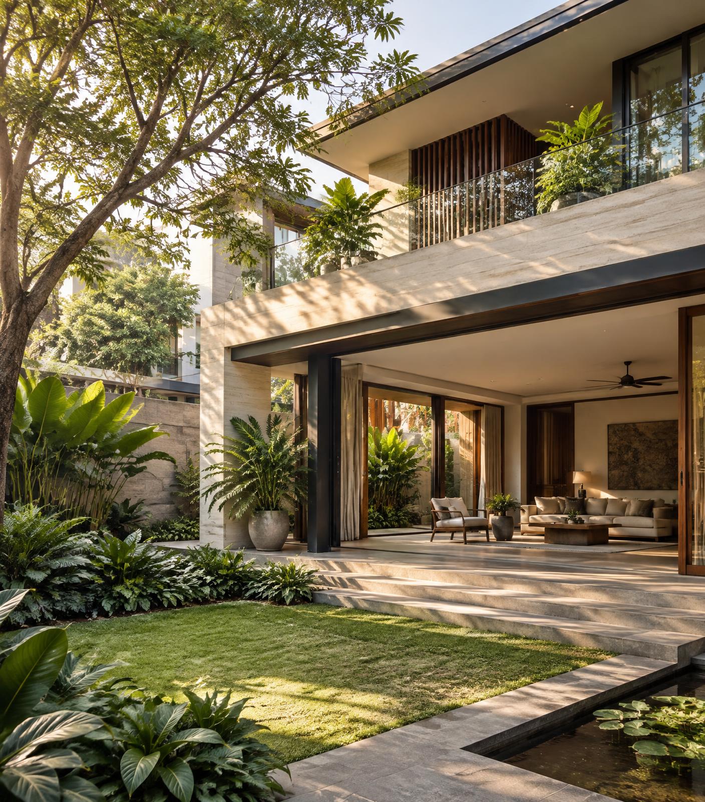 Contemporary Bengaluru home surrounded by mature landscaping